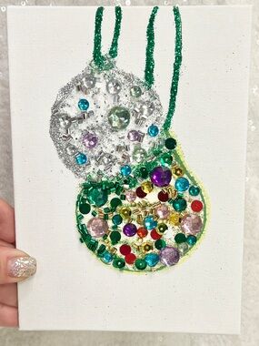 Handmade Jeweled Christmas Ornament Art Canvas - Green, Silver, Multicolor 5x7